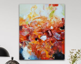 Original painting on canvas, red and blue abstract painting, Blue orange, modern wall art, Canadian artist, modern art