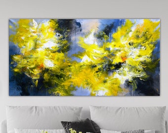 Navy blue wall art, gold yellow and blue, lemon yellow art, extra large painting original by Andrada, original abstract painting on canvas