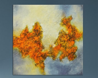 Original abstract canvas, textured orange and gray, colorful abstract painting, one of a kind, square large painting, orange rust and blue