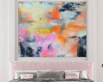 Extra-large gray and pink abstract original painting, pink gray and black huge original wall art for modern décor