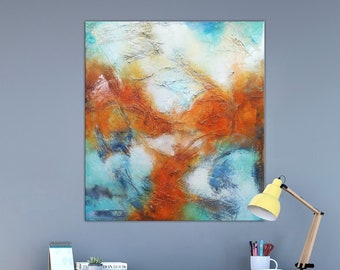 Large original painting on canvas one of a kind, abstract textured canvas, vibrant original abstract painting, blue and red orange abstract