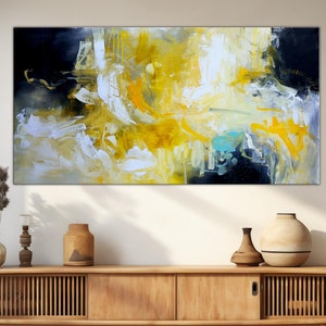 Large Abstract Canvas Painting: Blue & Yellow Modern Art (30x60)