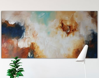 May include: Abstract painting with shades of brown, blue, and white, hanging on a white wall above a wooden chair and a white floor lamp.