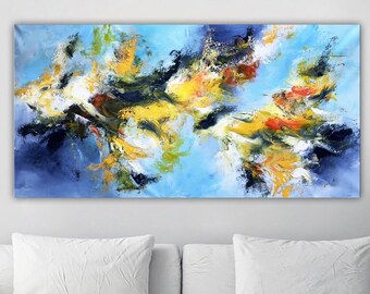 Blaue Malerei abstrakt auf Leinwand, Gemälde abstrakt von Andrada, grosses Bild abstrakt, Geschenk für Sie, Einzugsgeschenk, grosse Leinwand, Malerei auf Leinwand