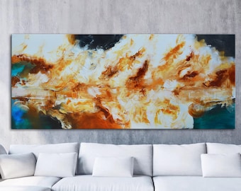 Abstract panoramic original painting, Blue yellow Abstract, orange Blue Painting, long wall large painting, modern painting on canvas