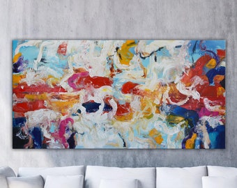 Very large original blue red and yellow abstract painting, modern panoramic long wall art original painting on canvas