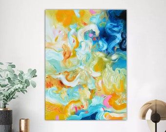 Colorful vibrant original painting, colorful pastel, sage green and blue, modern wall art, office lobby home art décor, unique artwork