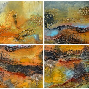 May include: Four abstract paintings with textured surfaces. The artwork uses a warm palette of oranges, yellows, and browns, with blue and black accents. The pieces have a layered, three-dimensional effect, suggesting a landscape or geological theme.