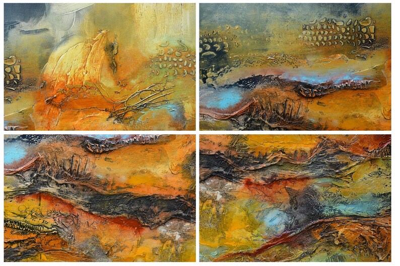 May include: Four abstract paintings with textured surfaces. The artwork uses a warm palette of oranges, yellows, and browns, with blue and black accents. The pieces have a layered, three-dimensional effect, suggesting a landscape or geological theme.