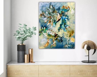 Large original painting on canvas ready to hang, teal blue and sage green modern wall art, office lobby home art décor, unique artwork