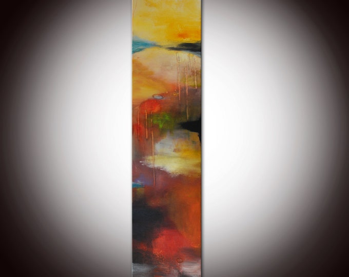 Long Original Abstract Painting Red Art by Andrada, Huge 48x10 Painting Contemporary, Modern Red