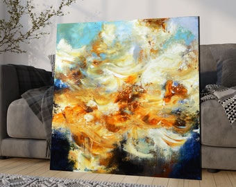 Original abstract painting on canvas unique one of a kind, modern art by Canadian artist, large square colorful contemporary art, warm tones