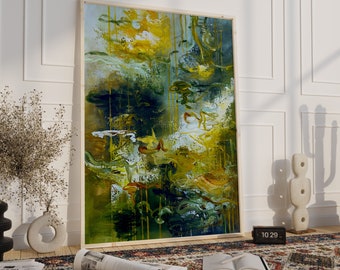 Original painting on canvas ready to hang Canadian artist, green modern wall art, abstract pond painting, office home art unique artwork