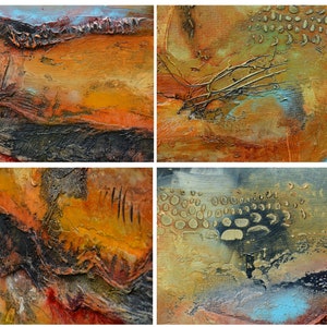May include: Abstract mixed media artwork in four panels. The artwork features textured layers of orange, brown, black, and blue paint. The composition evokes a landscape with organic shapes and varied textures.