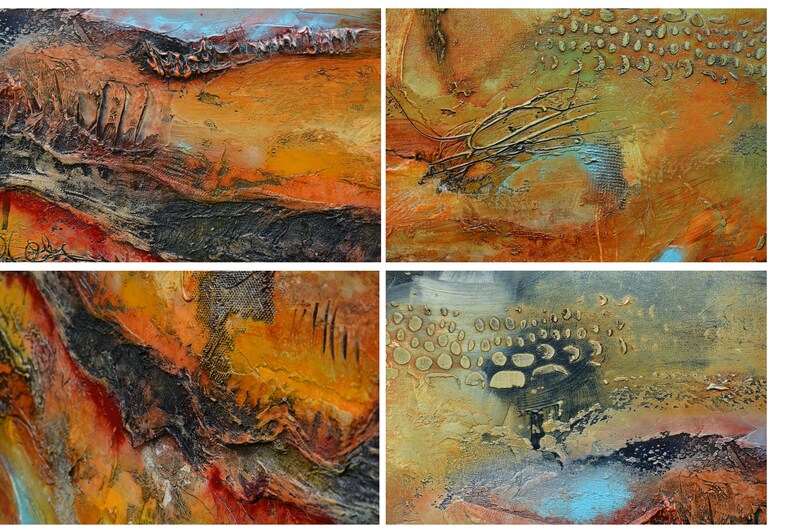 May include: Abstract mixed media artwork in four panels. The artwork features textured layers of orange, brown, black, and blue paint. The composition evokes a landscape with organic shapes and varied textures.