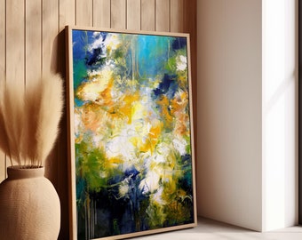 Colorful original painting on canvas ready to hang, teal blue and sage green modern wall art, office lobby home art décor, unique artwork