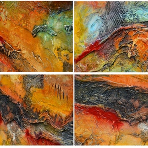 May include: Abstract mixed media artwork with a textured surface. The artwork features a collage of colours including orange, yellow, red, green, and blue. The composition is divided into four sections, each showcasing a different perspective of the textured surface.