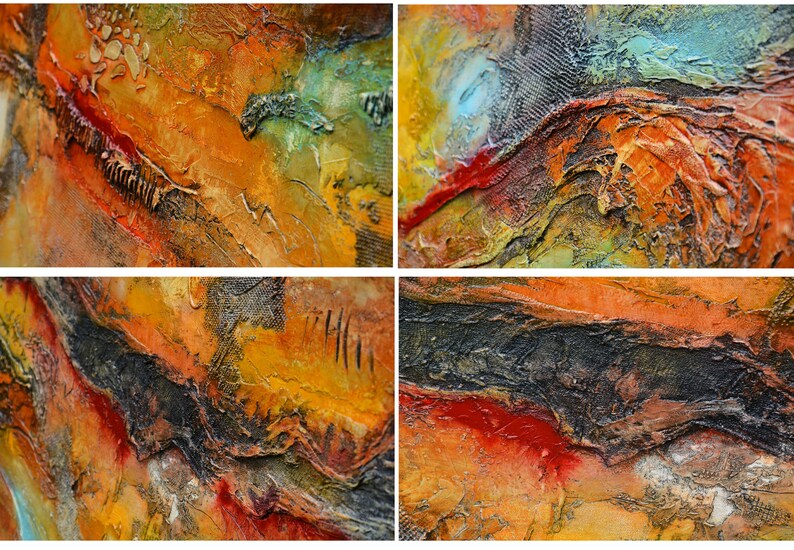 May include: Abstract mixed media artwork with a textured surface. The artwork features a collage of colours including orange, yellow, red, green, and blue. The composition is divided into four sections, each showcasing a different perspective of the textured surface.