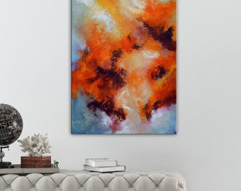 Large original painting with Orange blue and Red Painting, textural unique wall art, original large textured painting