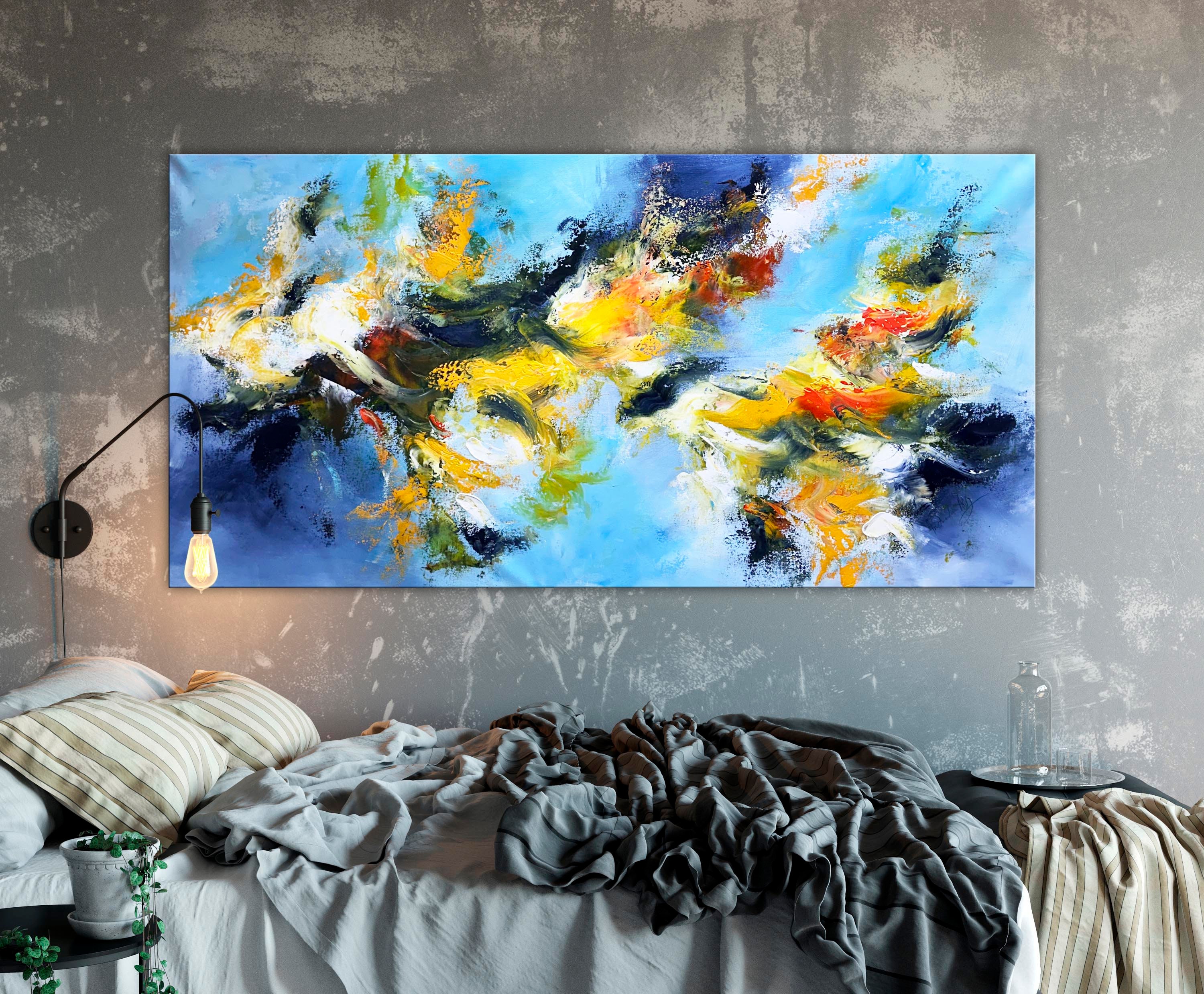 大きな抽象画：青、黄、緑のキャンバスに描かれたアクリル画（30x60