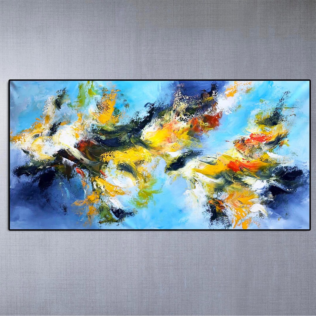 大きな抽象画：青、黄、緑のキャンバスに描かれたアクリル画（30x60