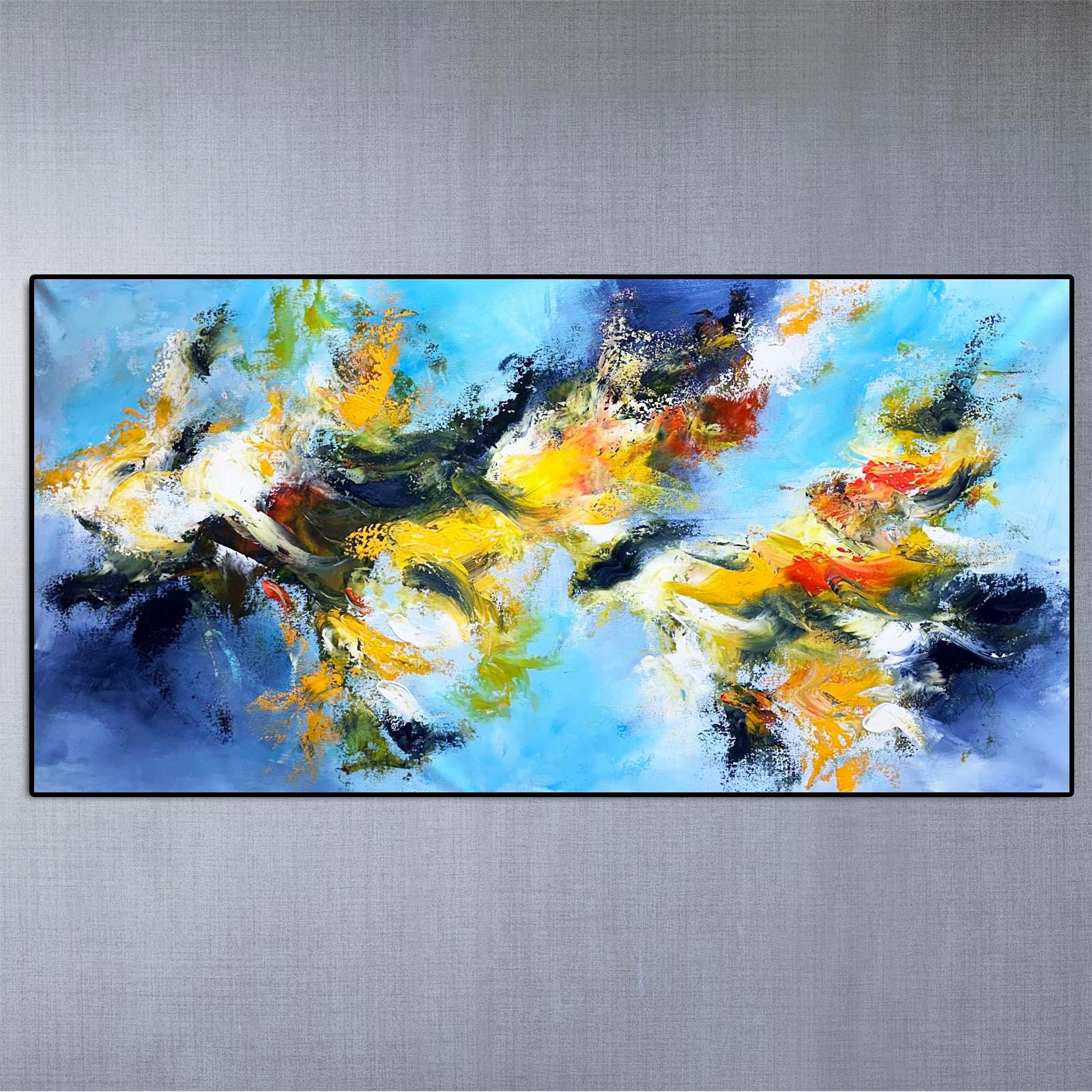 大きな抽象画：青、黄、緑のキャンバスに描かれたアクリル画（30x60