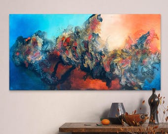 Großes abstraktes strukturiertes Bild - Marineblau & Orange | 24 "x48" moderne Wandkunst für Wohnzimmer, Schlafzimmer oder Büro