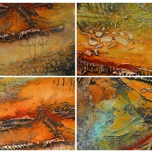 May include: A four-part abstract painting with textured surfaces and a warm colour palette of oranges, browns, and greens. The artwork features visible brushstrokes and a signature in the top left panel. The overall theme is a landscape.