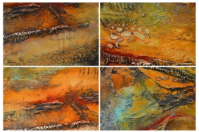 May include: A four-part abstract painting with textured surfaces and a warm colour palette of oranges, browns, and greens. The artwork features visible brushstrokes and a signature in the top left panel. The overall theme is a landscape.