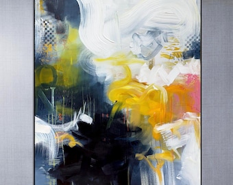 Puede incluir: Pintura abstracta enmarcada en negro. La obra presenta pinceladas audaces en blanco, amarillo, rosa y azul marino. La composición incluye áreas de pintura gruesa y capas texturizadas, creando una experiencia visual dinámica y enérgica.