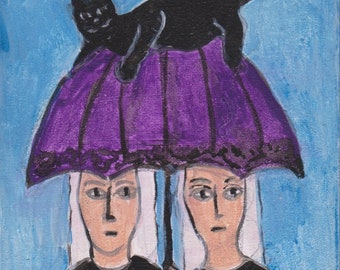 Two Witches with Purple Umbrella and Black Cat