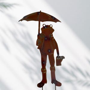 Frog with Umbrella and Watering Can Garden Stake, Rusty Metal Garden Decor