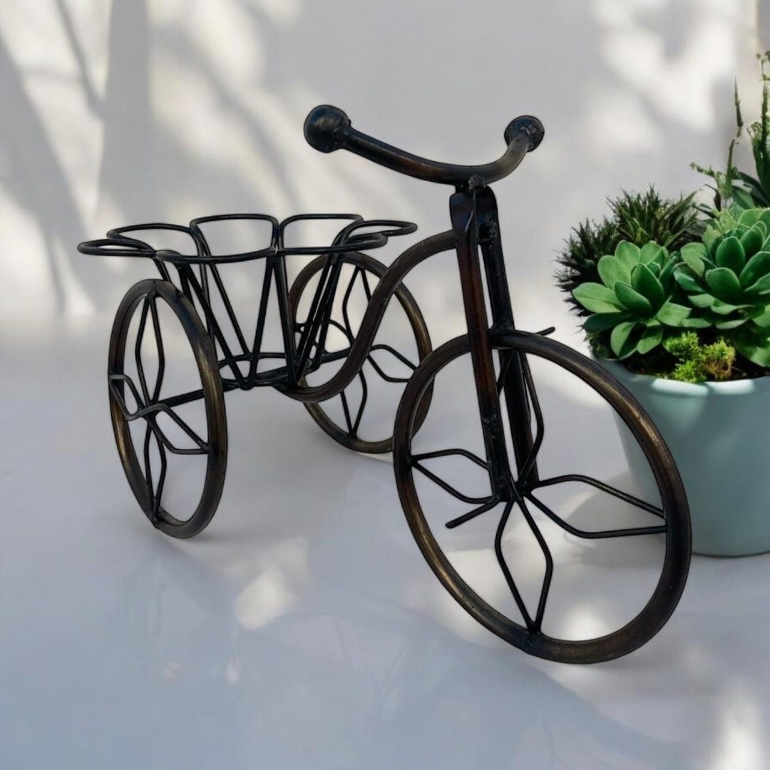 Cesta de flores de hierro forjado con forma de triciclo (maceta de