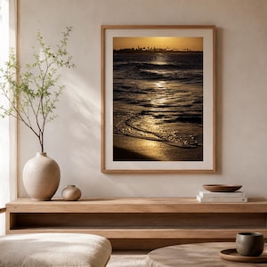 Tropical Sunset Beach Wall Art  Palm Tree Ocean Print Golden Sea Coastal Décor