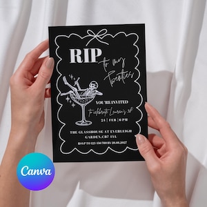 May include: A black rectangular invitation card with a white scalloped border and a bow at the top. It features a skeleton in a martini glass and the text: RIP to my Twenties, YOU'RE INVITED to celebrate Lauren's 30th, 24 FEB 6 PM, THE GLASSHOUSE AT EVERLEIGH GARDEN, CB7 4YL, RSVP TO 123 456 789 BY 20.01.2027.