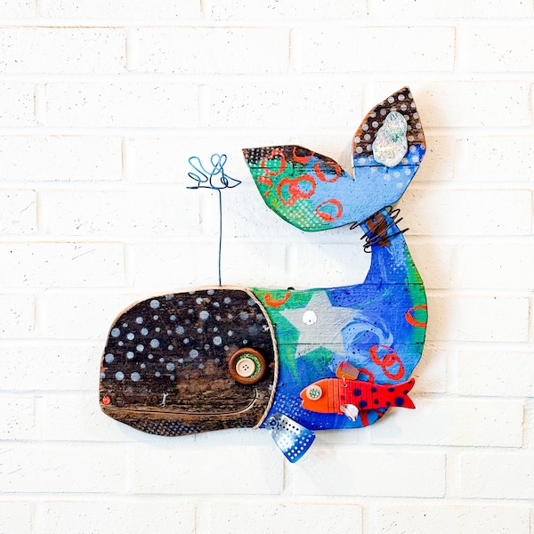 Sweet Maui Whale With Goliath Grouper Buddy, Wall Art, Wood Fish, Gift, Blue, White, Coastal Decor