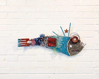 Happy Hawaii Disco Fish with Surprise Door, Driftwood Art,  Wall Art, Recycled Art, Boho Decor, Beach House