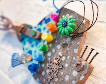 Nailed It! Happy Fish, Wall Art, Boho Beach House Decor, Blue, Green, recycled Art, Wall Art