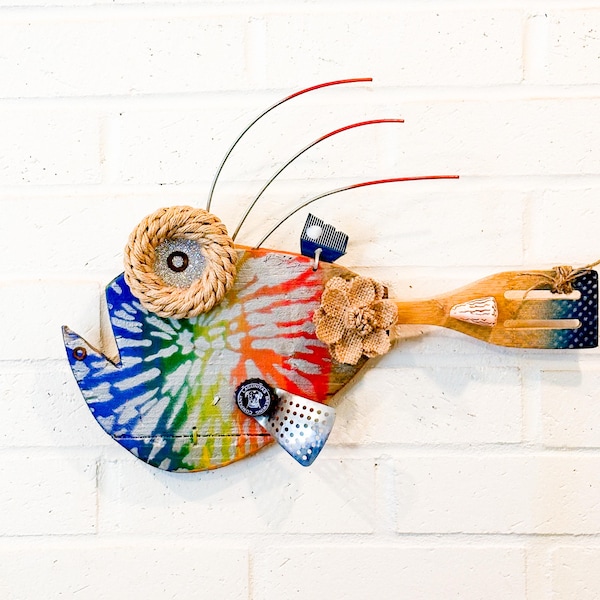 Langunitas Sunny Fish, Wall Art, Boho Beach House Decor, Blue, Green, Recycled Art, Wall Art
