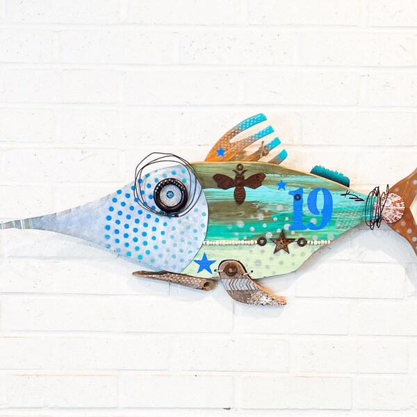 Wailuku Swordfish No. 19, Driftwood Wall Art, Recycled Art, Green, Blue, Coastal Decor, Gift, Reclaimed Wood