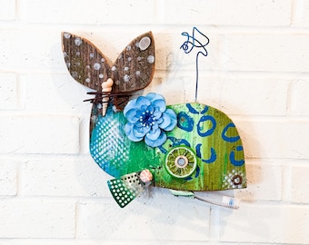 Hau’oli Mini Kohola, Happy Mini Whale, Wall Art, Boho Beach House Decor, White, Blue, Recycled Art, Wall Art