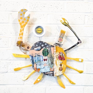 Sunny Barley Crab, Beach House, Assembledge Art, Driftwood Art, Gift, Yellow, White, Coastal Decor