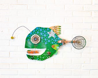 Jungle Green Vibin’ Angler with Snack, Driftwood Wall Art, Blue, Recycled Art, Coastal decor, Gift, Fish