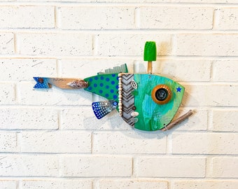 Makawao Jungle Mini Fish, Beach House Gift, Driftwood Wall Art, Sea Glass, Green, Turquoise, Recycled Art, Gift, Ocean