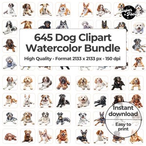 600+ Hund Aquarell Clipart Bundle Sublimationsdesigns, Hunderasse PNG-Datei, niedliche digitale Illustration, Porträtdrucke, ganzer Körper