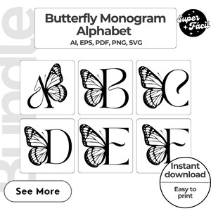 Alfabeto de monograma de mariposa SVG, PNG, Alfabeto de marco de monograma, Archivo de corte para Cricut, Silueta