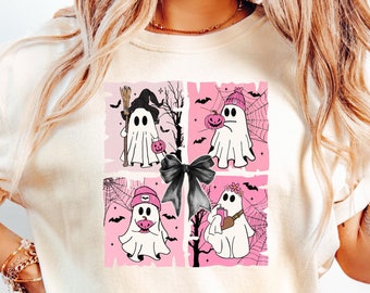 Coquette Halloween Shirt, Coquette Pink Bow Ghost Shirts, Cute Ghost Graphic Tee, Pink Coquette Halloween T-Shirt, Pink Spooky Vibes Shirts