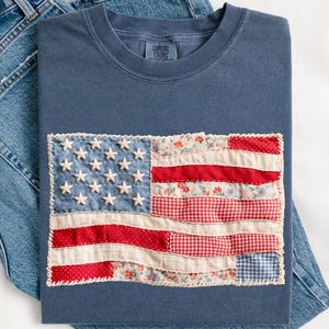 Comfort Colors® 4th of July Shirt, Retro American Flag Shirt, Patchwork USA Shirt, Patriotic Shirt, Fourth of July Shirt, USA Flag Shirt