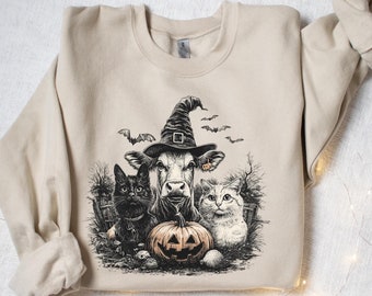 Cute Halloween Cats and Cow Sweatshirt, Witch Cow Halloween Shirt, Halloween Gift, Spooky Season, Halloween Cat Shirt, Ghost Cows Shirt