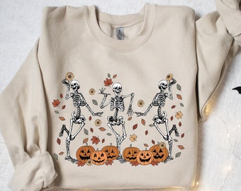 Dancing Skeleton Sweatshirt, Pumpkin Sweater, Pumpkin Skeleton Shirt, Fall Sweatshirt, Halloween Party Sweatshirt, Spooky Season Sweatshirt